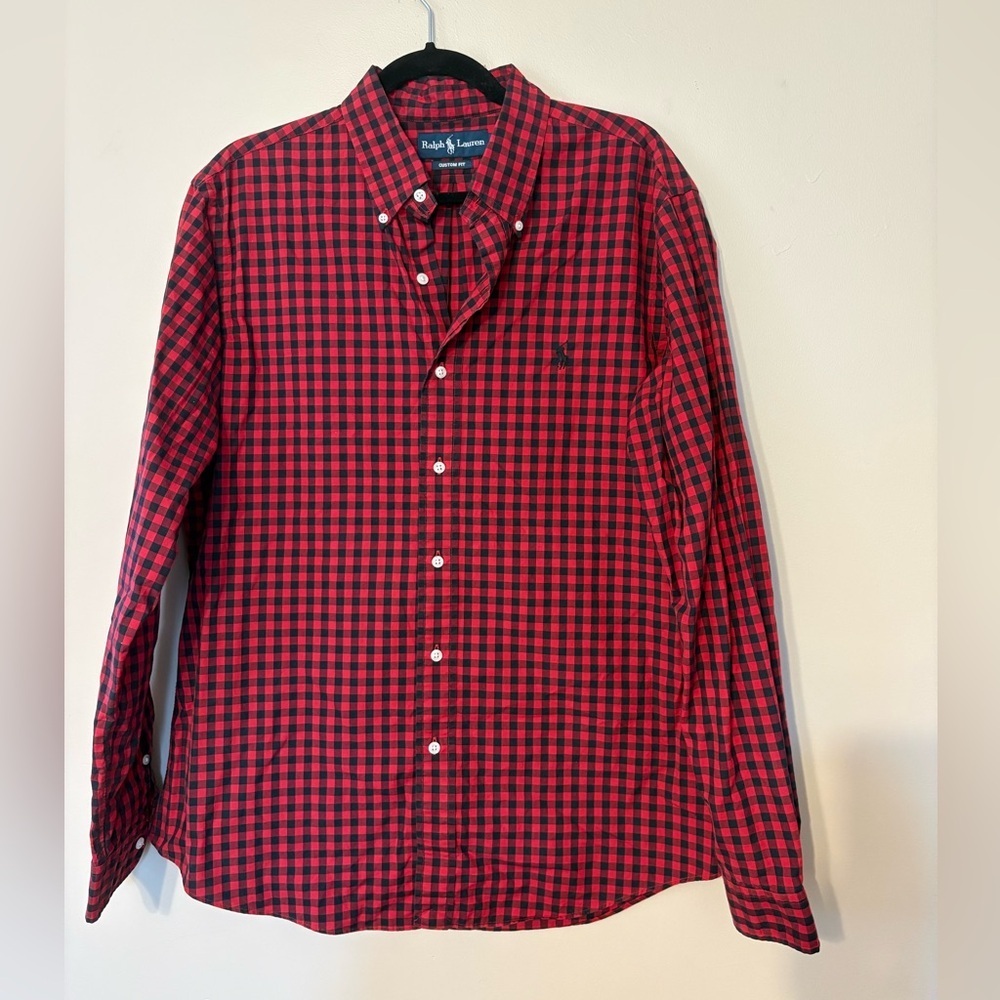 Polo Ralph Lauren Shirt Mens Red Black Checkered Custom Fit Size Large